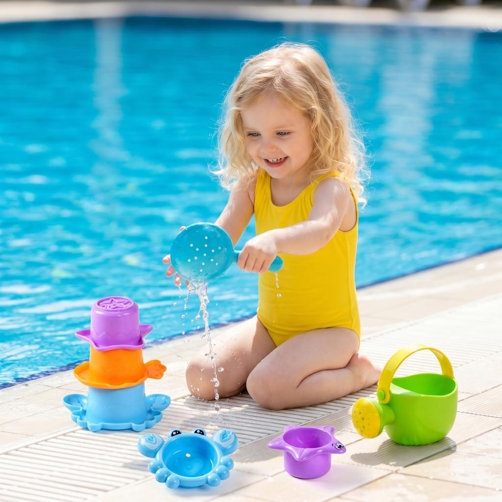 Watering Can and Stacking Cups Bath Toy Set 5 Pieces for Kids Durable Plastic Water Play Set for Indoor and Outdoor Use