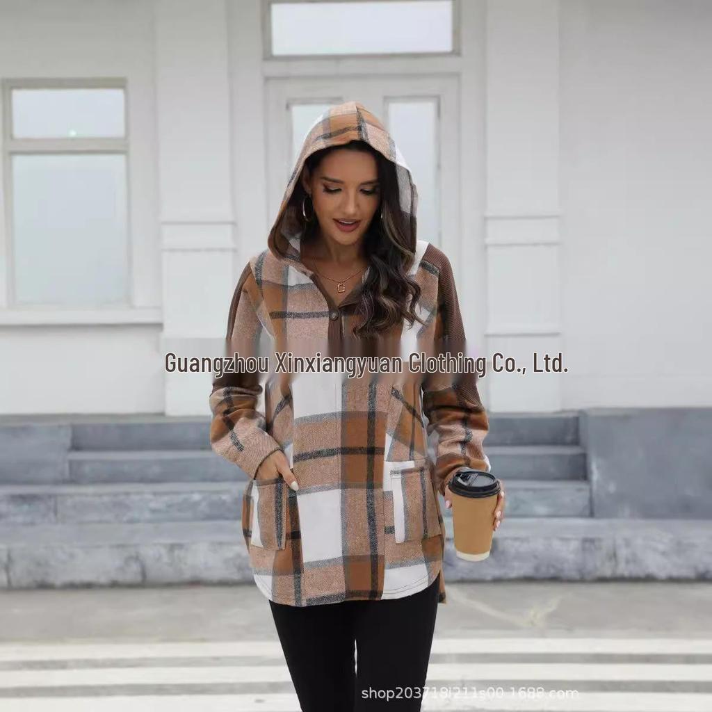 Damen 2025 Karierter Kapuzenmantel mit Knopfleiste - Herbst/Winter Mode, Lässige Lockere Passform