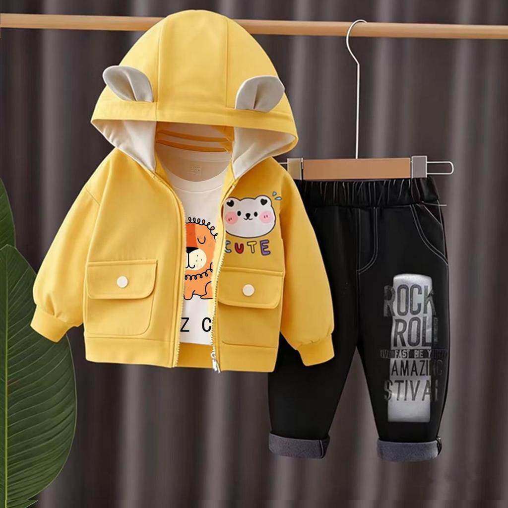 Children's Cartoon Spring & Autumn Hooded Jacket: Trendy 2026 Three-Piece Set for Boys & Girls