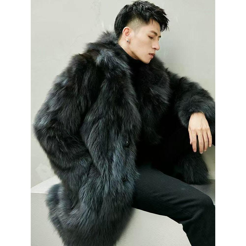Autumn and Winter New Imitation Fox Fur Phantom Fox Men's Mid-length Coat Suit Collar Loose Men's Warm Jacket