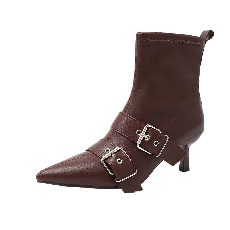 Fashion Vintage Stiletto Booties Fall New Pointed Toe Metal Buckle Back Zip Anti-Slip Wear-Resistant Heels