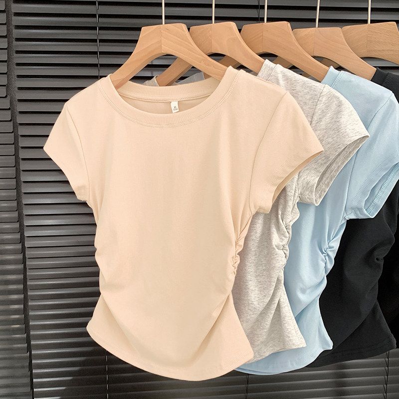 

Summer Elegant Short Sleeve T-Shirt Women s Tight Waist Silm Stylish Shoulder Niche Style Unique and Beautiful Cropped Small Top Women Apricot color XL