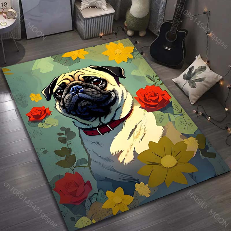 17 Stile Niedlicher Mops-Druck Teppich für Wohnzimmer Schlafzimmer Sofa Fußmatte Heimdekor Bereichsteppich Rutschfeste Bodenmatte Große Größe