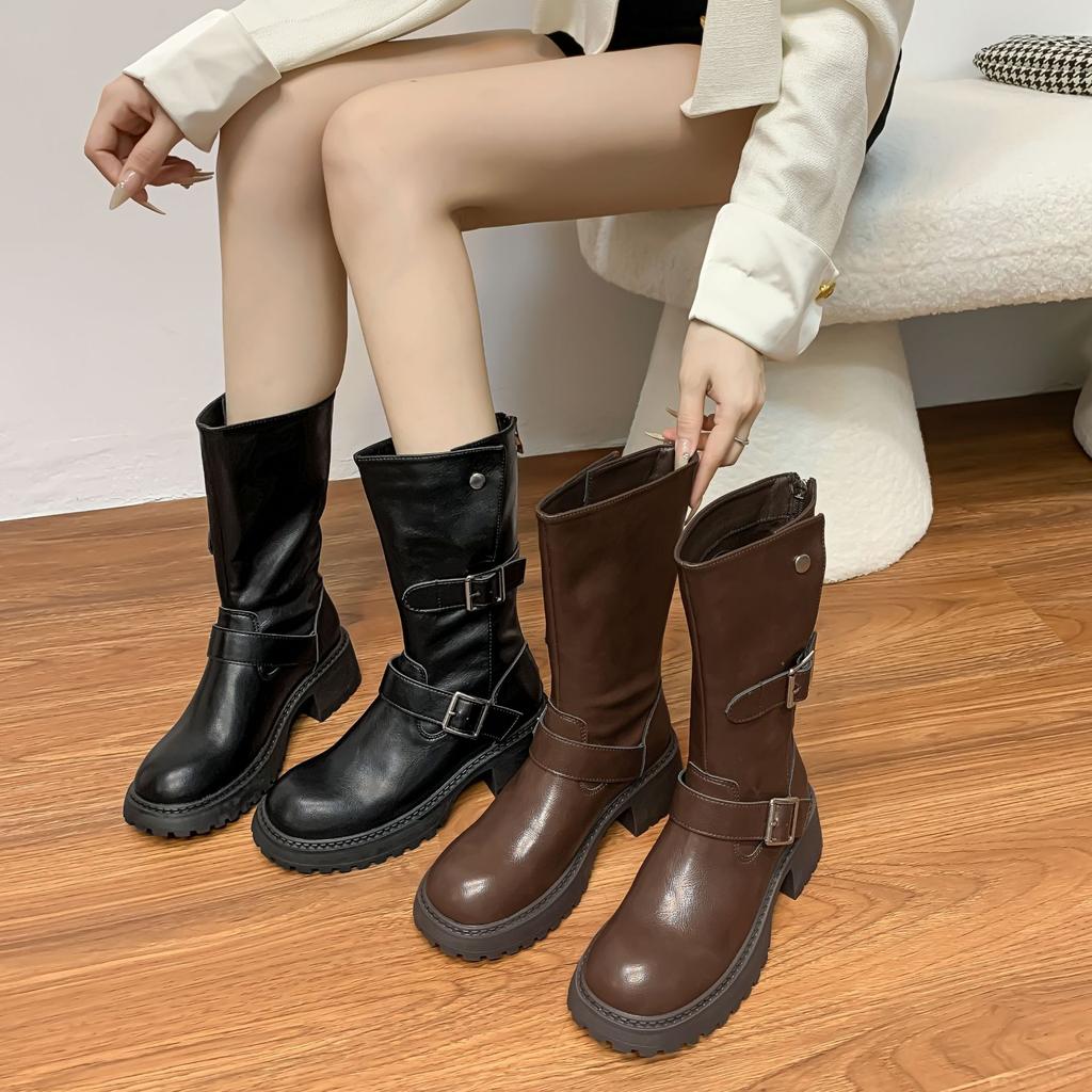 2025 winter new long tube but knee thick-soled knight boots Internet celebrity belt buckle cool women's boots retro Korean version boots