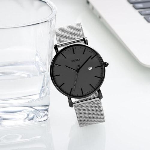 BUREI Men's Watch, Simple, Waterproof, Analog, Popular, Stylish Milanese Design with Mesh Strap, Gray/Black