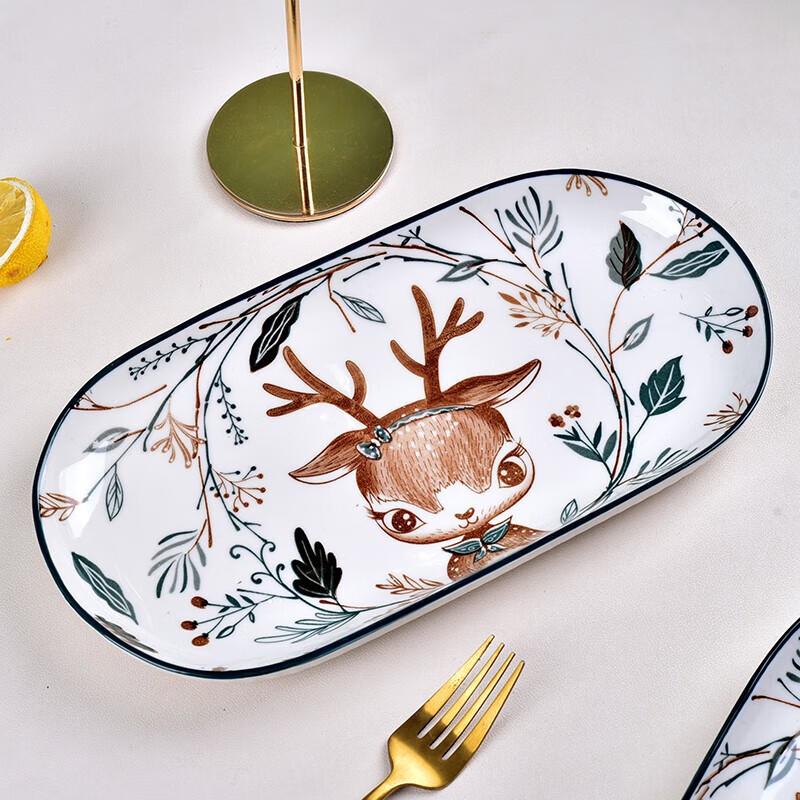 Zhishi Ceramic Deer Pattern Fish Plate Set