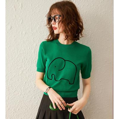 Bailuyu Women's Elephant Jacquard Short Sleeve Knit Top