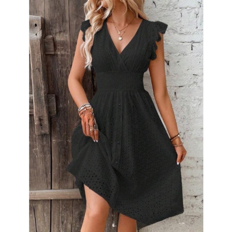 VEZFAA Kadın Moda Yaz Bahar Düz Renk Baskı Kolsuz V Yaka Yüksek Bel Günlük Elbiseler