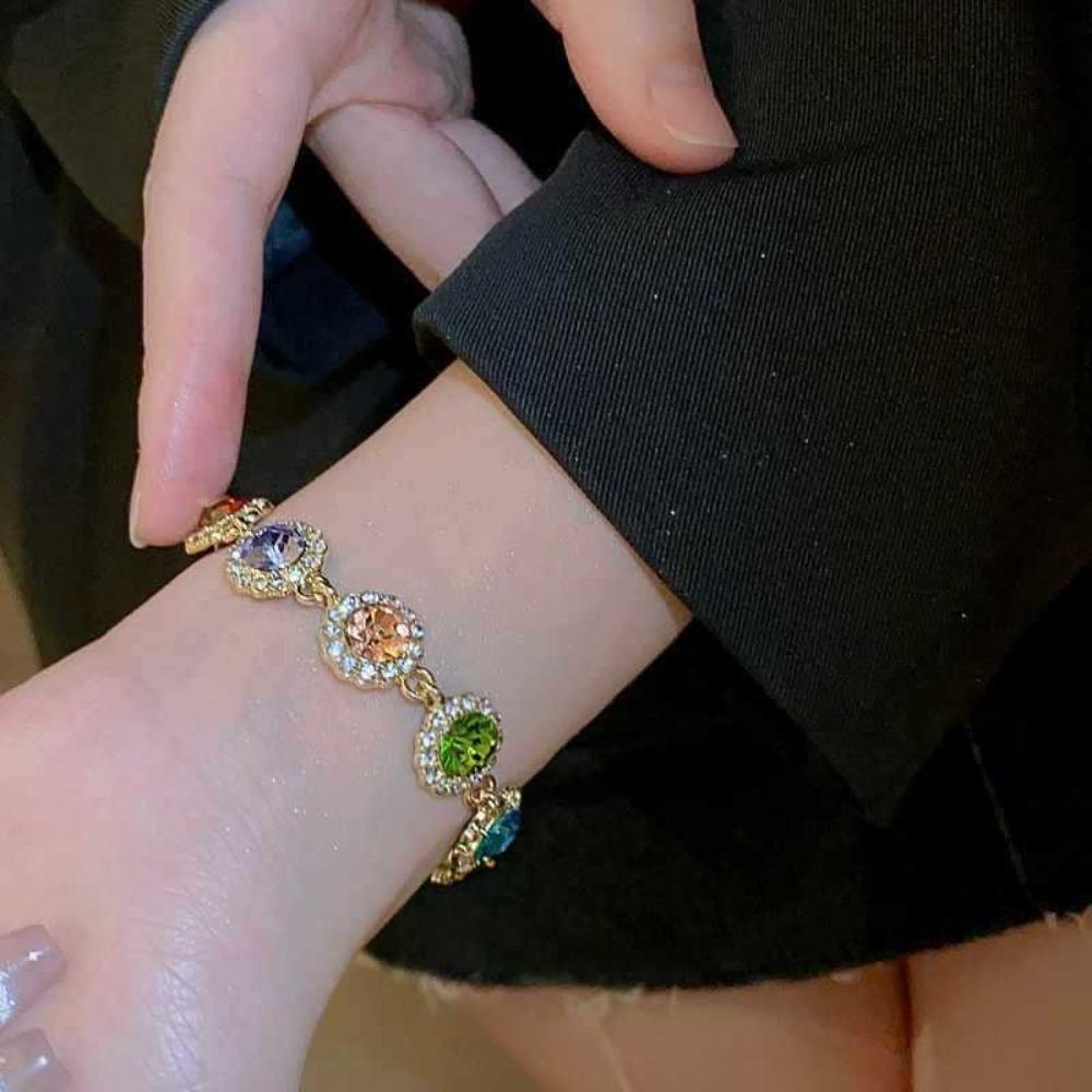 Shiny Zircon Bracelet Bangle Colorful Hand Chain Elegant Rainbow Rhinestone Bracelet  Lady