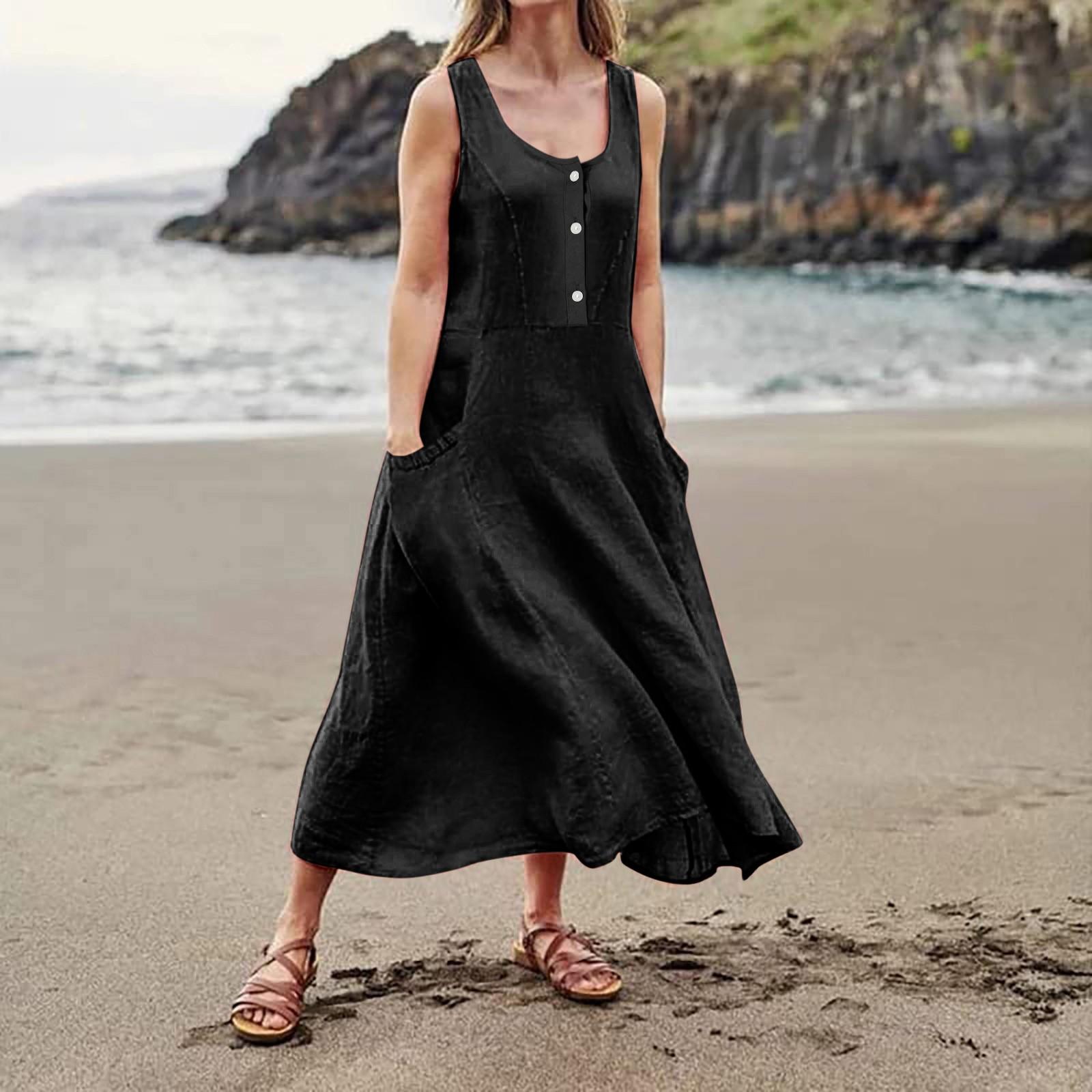 Женское модное повседневное однотонное платье без рукавов из хлопка и льна с карманами — фото 4