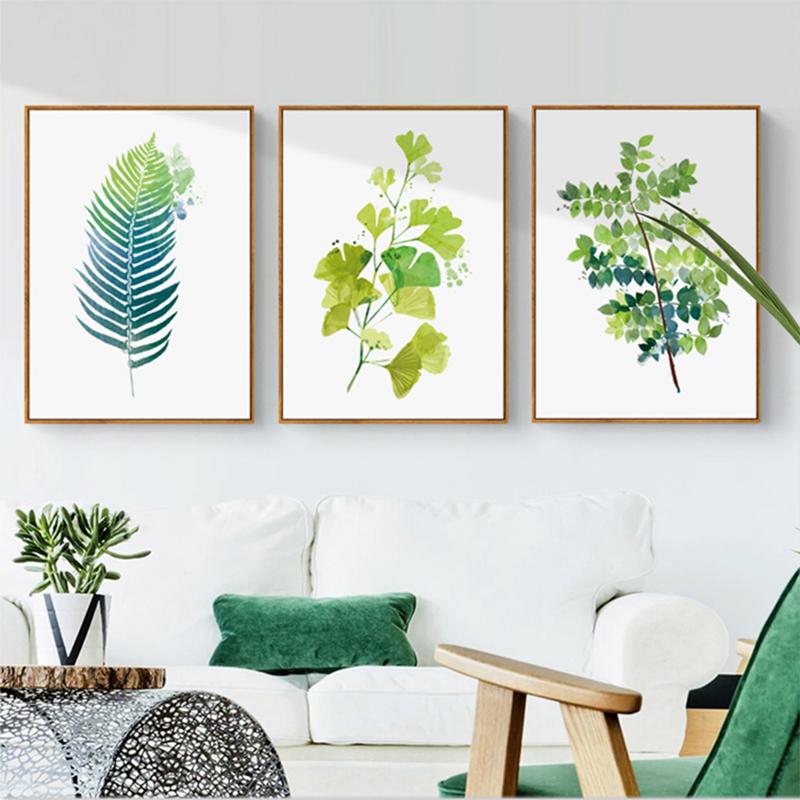 Nordic Watercolour Plant Wall Art Canvas Painting Green Leaf Poster Print Minimalist Wall Picture for Living Room Home Decor