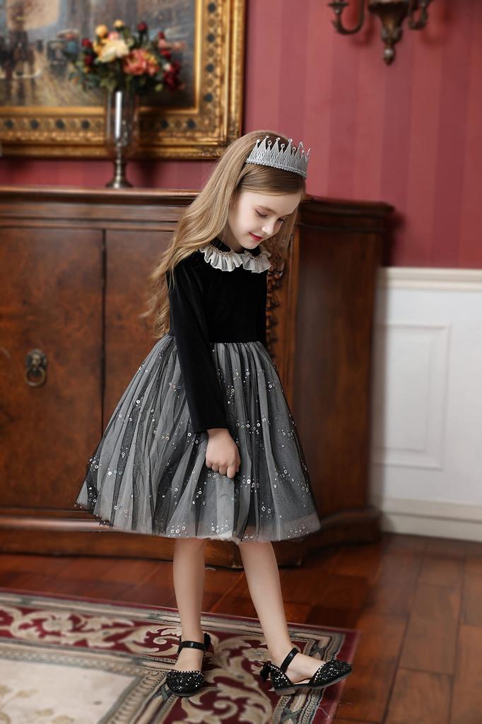 Weileenice Piano Recital Size Long Sleeve Black Princess Mourning Perfect for Memorial and More Dress, 140, Gray, Fall/Winter, Girls' Outfit, Dress,