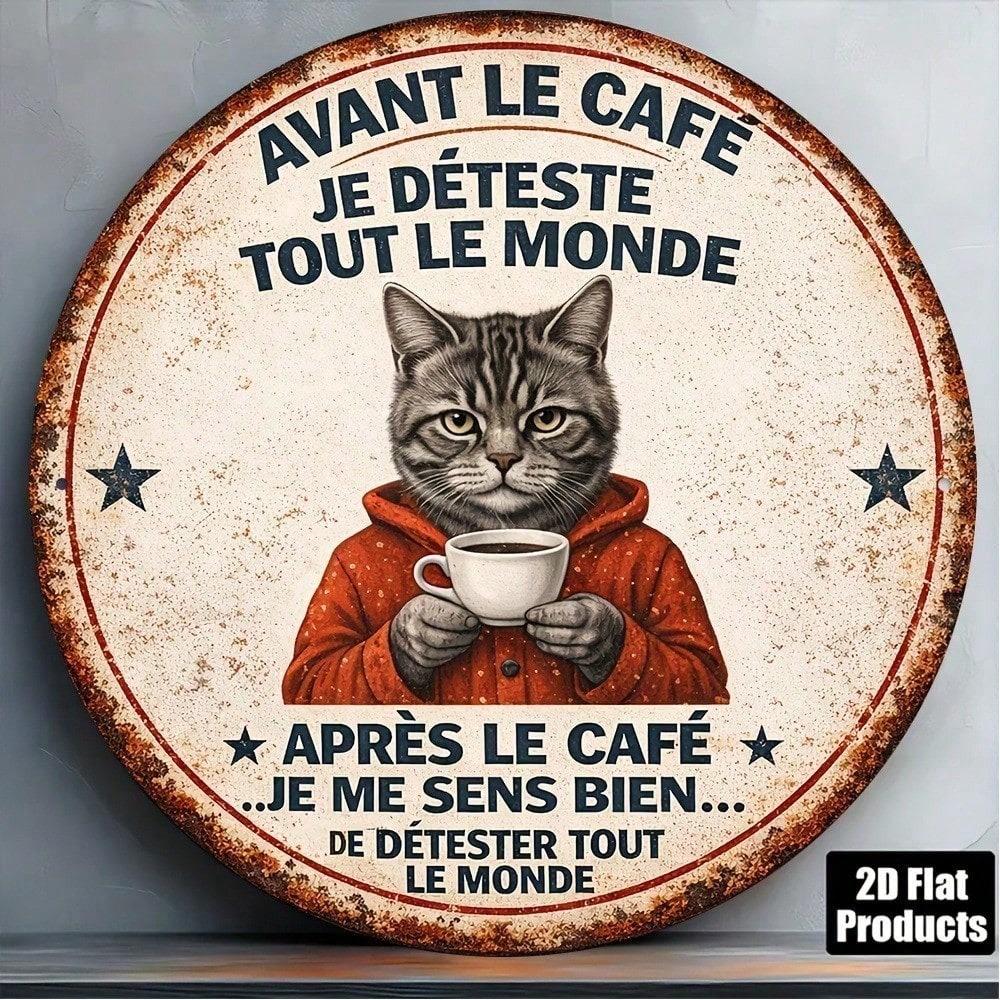 1pc 8x8in Vintage French Cat Metal Tin Sign Cute Pet Wall Art Round Plaque Home Cafe Decor