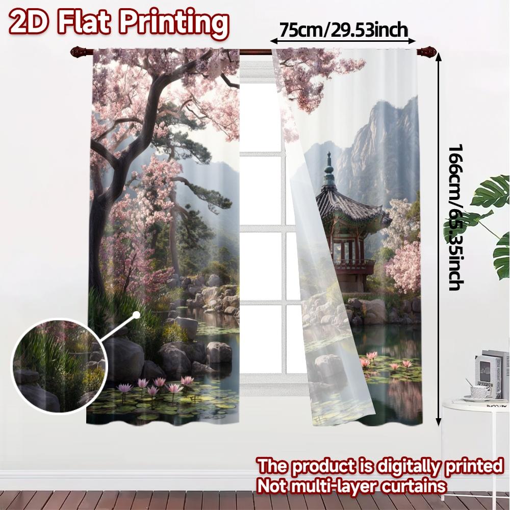 2pcs   2D FLAT PRINTING Curtains (Without Rod) Serene Pavilion Light Filtering Chic Curtains Versatile Fabric Curtains Versatile