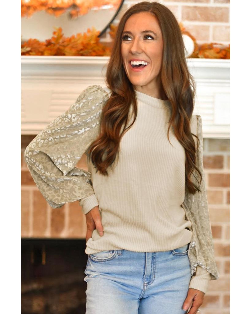 Azura Exchange Leopard Print Long Sleeve Ribbed Knit Blouse