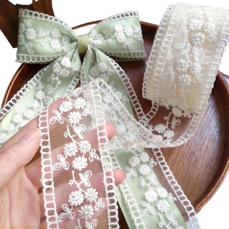 Beige 4cm Embroidered Lace Trim Bow for Hair Accessories, Lolita Ornaments, Bouquet Decoration, Ribbon Craft.