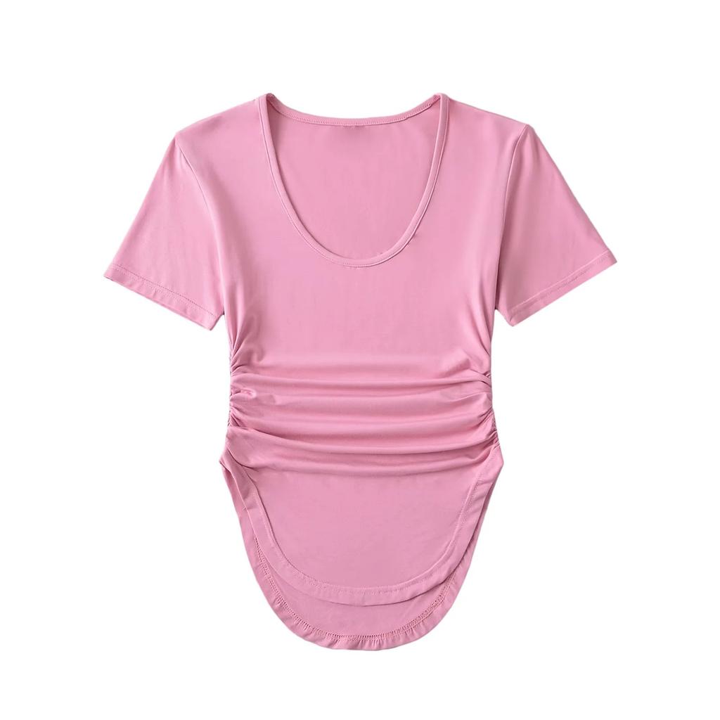 2025 Summer New Versatile Big U Neck Show Chest, Wrinkle And Waist Short Sleeve T-Shirt Skin Friendly Solid Color Curved Bottom Top