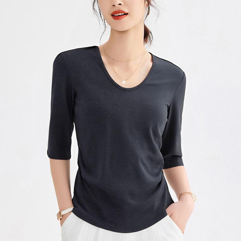 Ankela heart-neck top women's five-quarter sleeve light ripe spring and autumn waist pinch pleated basic bottoming shirt short