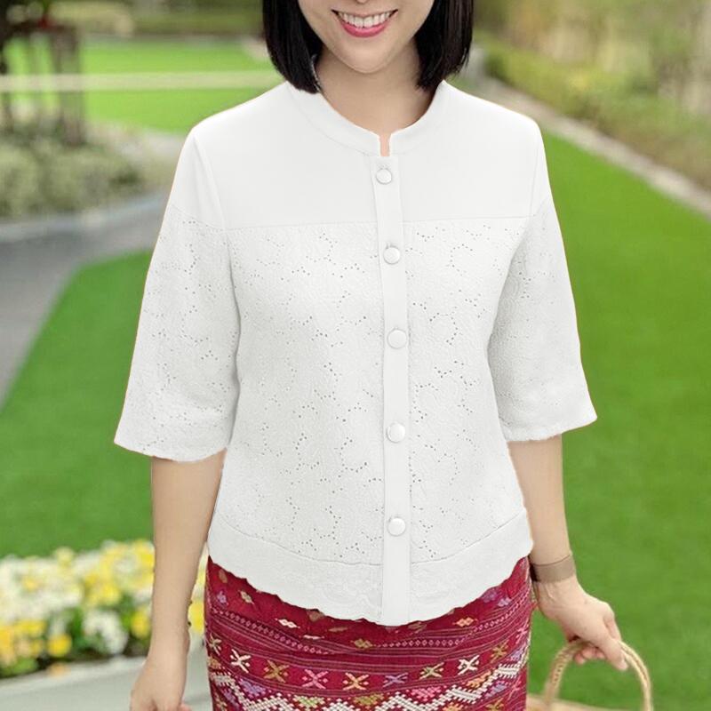 

ZANZEA Women Casual Round Neck 3/4 Sleeve Loose Retro Embroidery Blouse S білий