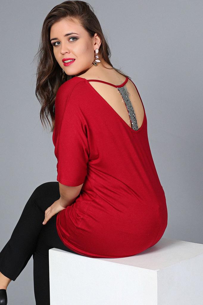 Women's Big Size Blouse Black Backless Sequined Banded Half Sleeve Blouse