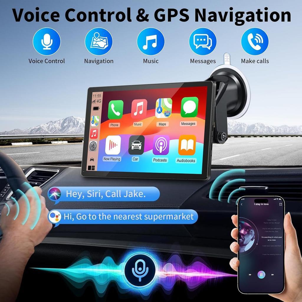 9' Wireless CarPlay & Android Auto Touchscreen with Bluetooth, FM, GPS, Voice Control, Hands-Free Calling