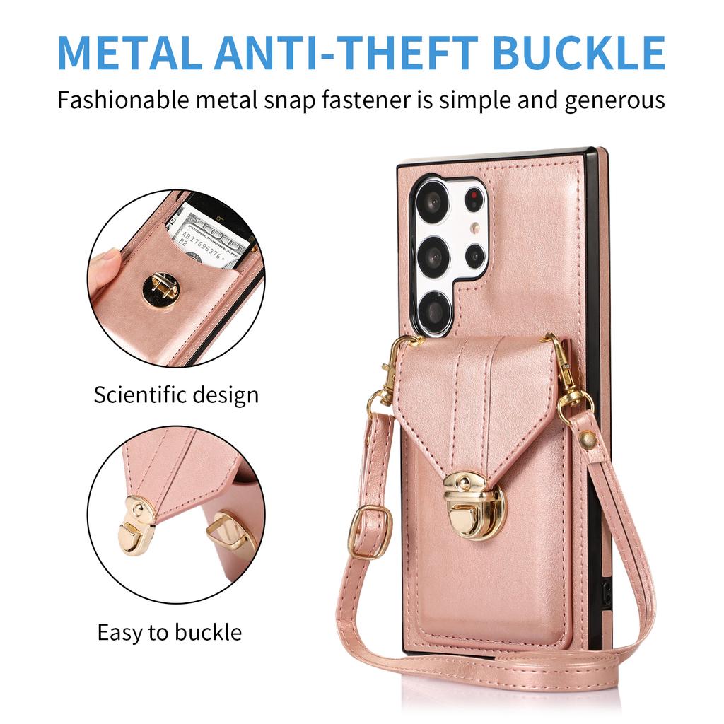 For Samsung Galaxy S23 Ultra Card Holder Phone Cover Kickstand PU Leather+TPU Case with Shoulder Strap