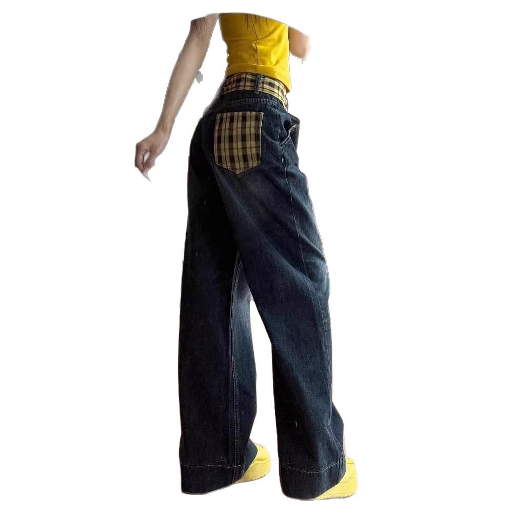 Petite Spicy Girl Retro Yellow Plaid Wide-Leg Patchwork Jeans