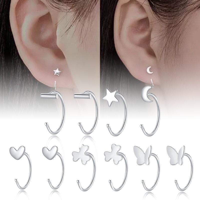 Earrings Silver Women Heart Flower Star Moon Butterfly Shape Decoration Stud