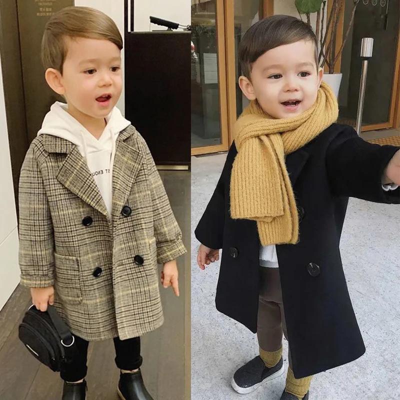 Autumn Boys Fashion Jacket Solid Color Lapel Double-Breasted Long Woolen Overcoat for 2-6 Years Boys Handsome Outwear