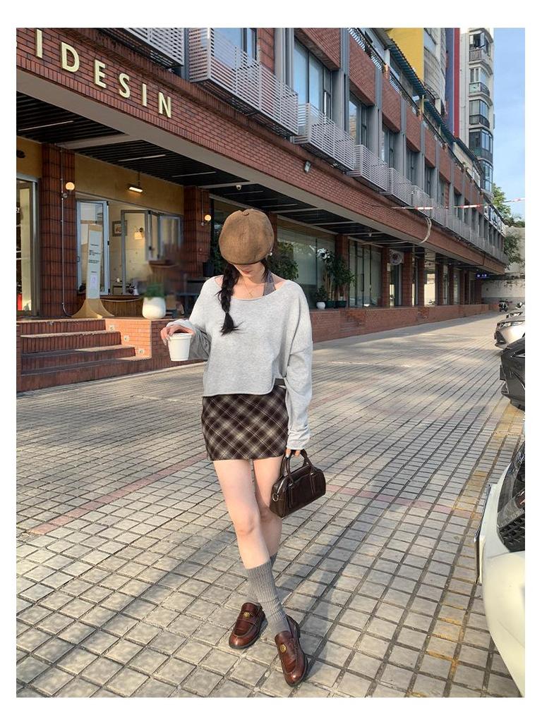 2025 New Women's Grey Knit Long Sleeve Loose Slimming Top