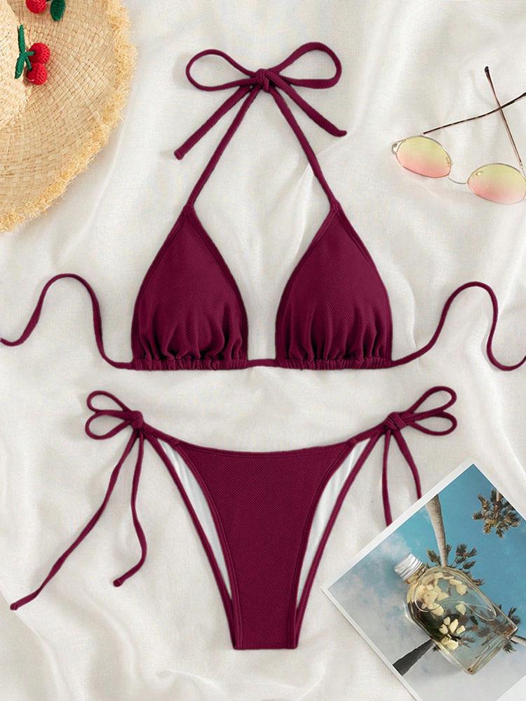 TS JYL-BK035 Solid Tie Back Two-Piece Bikini, High Elastic Comfortable Swimwear For Ladies