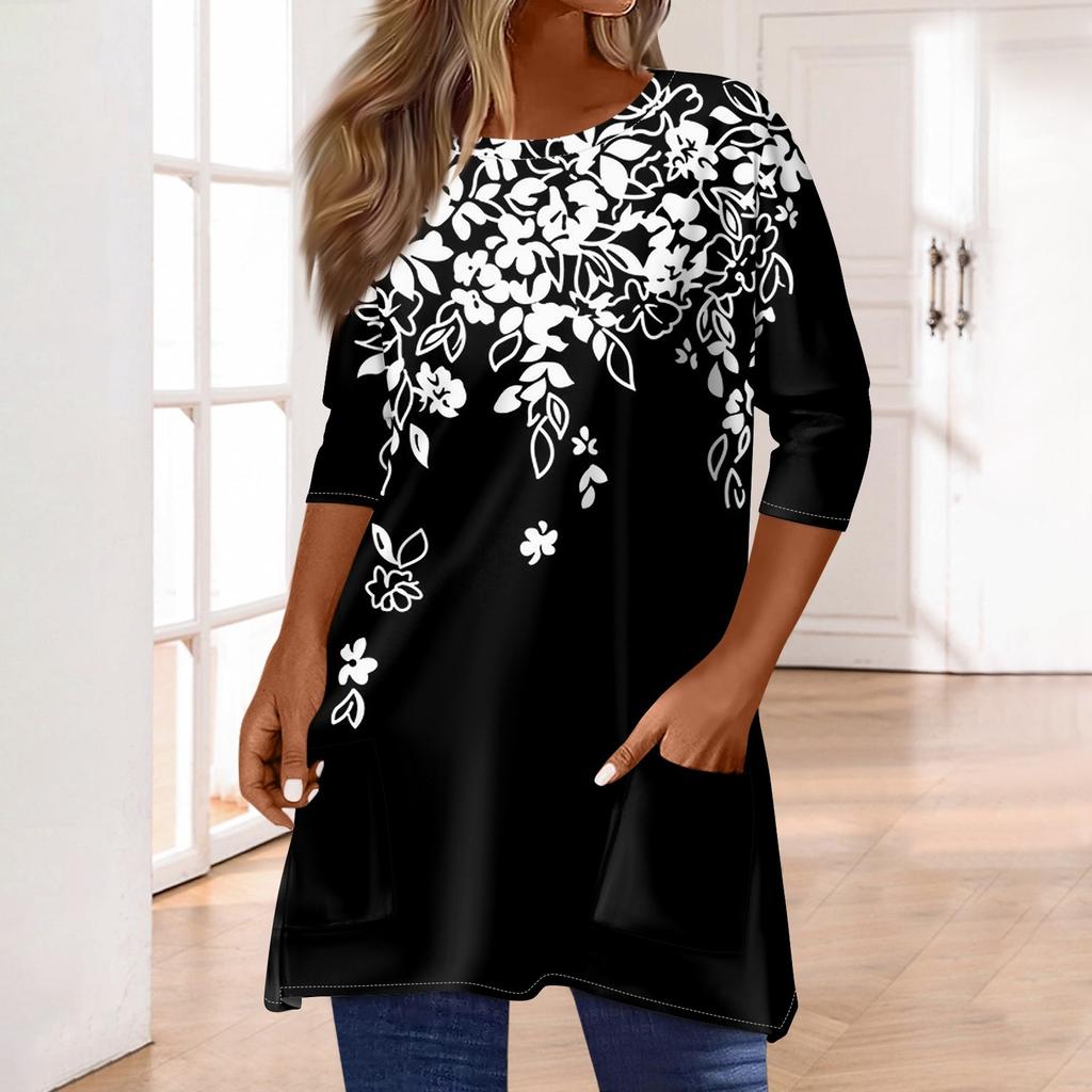 3/4-ermetopper for kvinner T-skjorte Casual Print Topper T-skjorte Rund hals Pullover Bluse