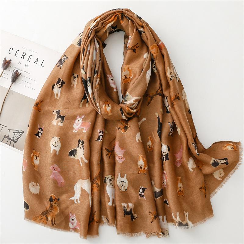 Lovely Animal Dachshund Pattern Viscose Scarf Cute Breathable Fringe Shawl Casual Travel Inelastic Outerwear Long Shawl 180*85Cm