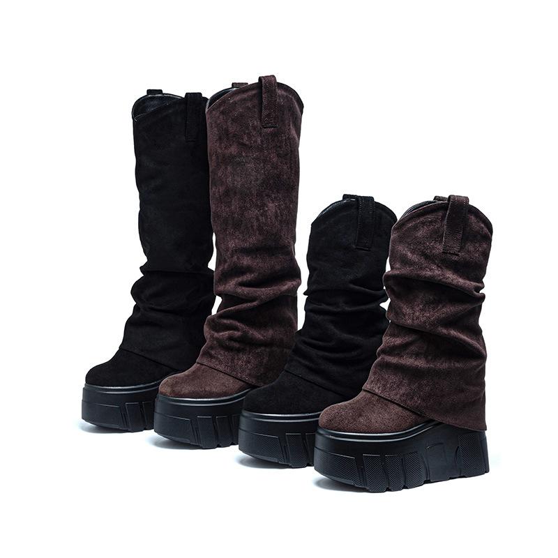 2025 autumn and winter new high boots women's thick-soled wrinkled trouser tube boots suede inner height increase stacking boots elasticity
