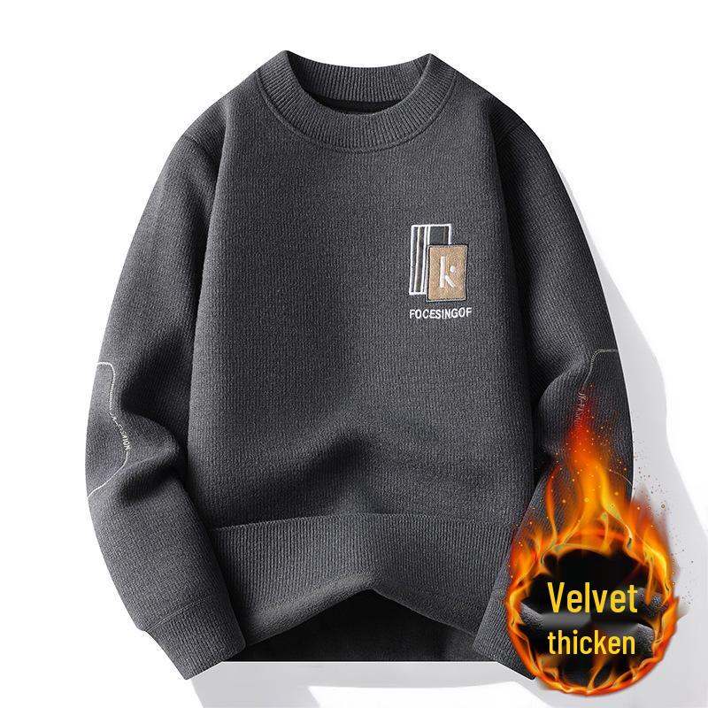 Men's Plus Velvet Warm Round Neck Hoodie Sweater - Autumn/Winter Long Sleeve Base Layer