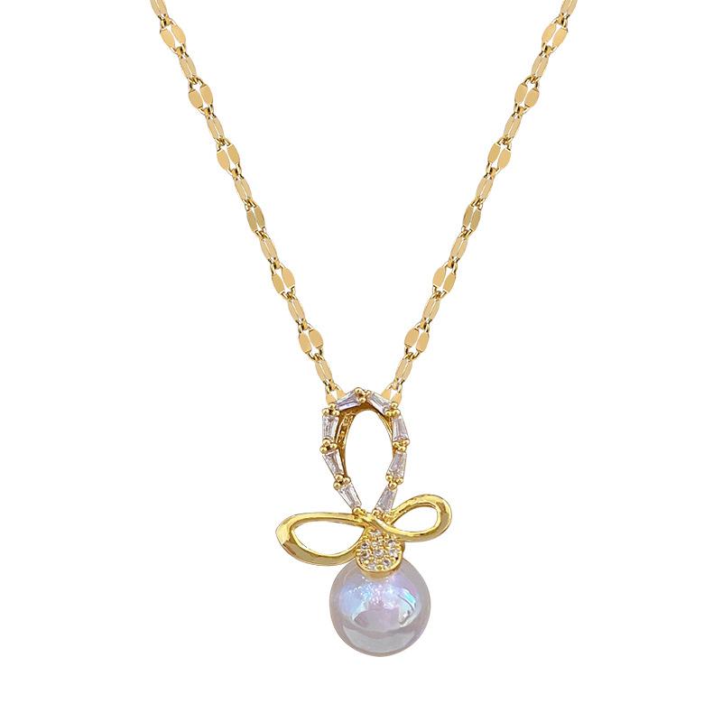 Mermaid Ji Bow Light Luxury Temperament Gorgeous Full Diamond Necklace Female Versatile Collarbone Chain Titanium Steel Chain