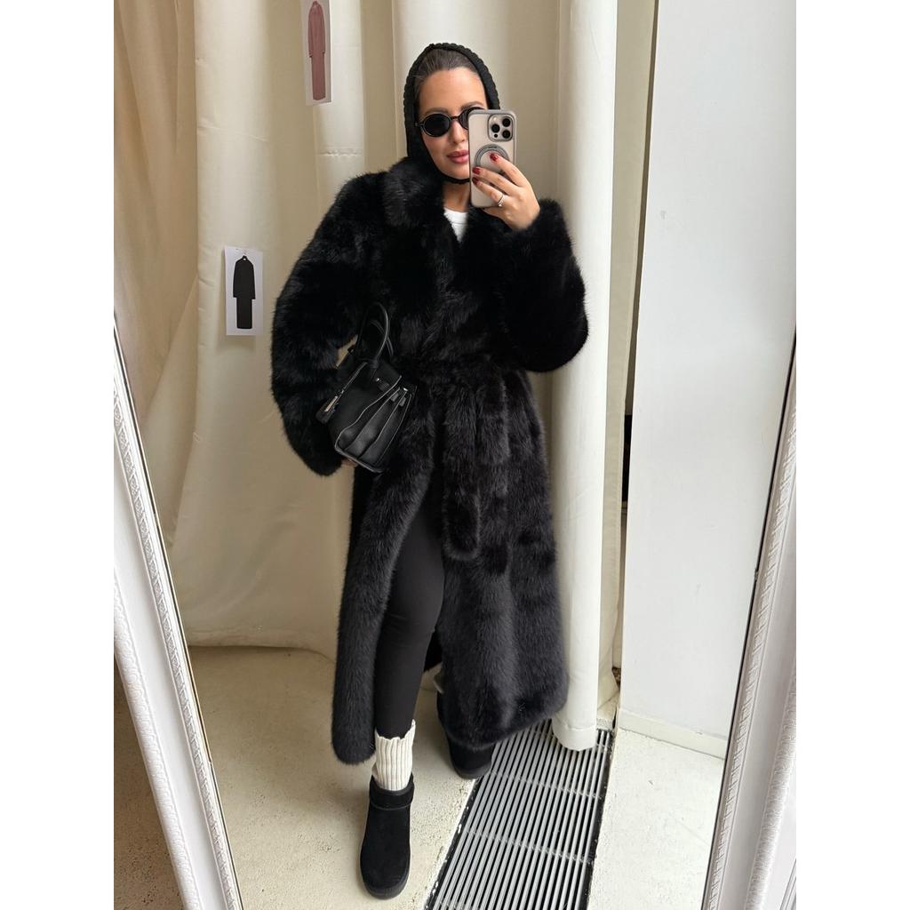 Women's Notched Collar Long Sleeve Long Faux Fur Coat Loose Fit Elegant Style Belted Mink Fur Jacket