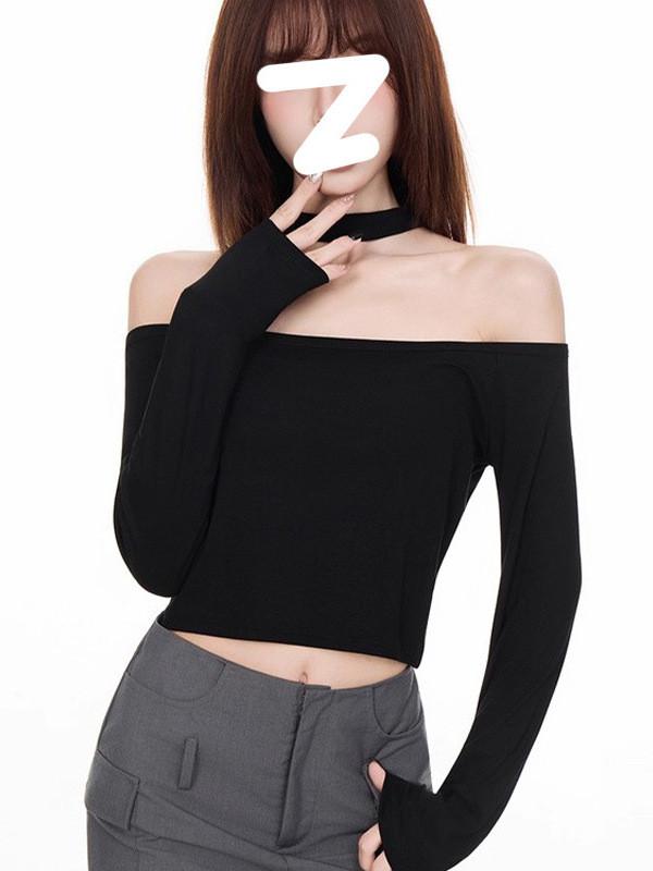 Minimalist Solid Color One Shoulder Crop Top With Spliced Long Sleeves For Casual Wear