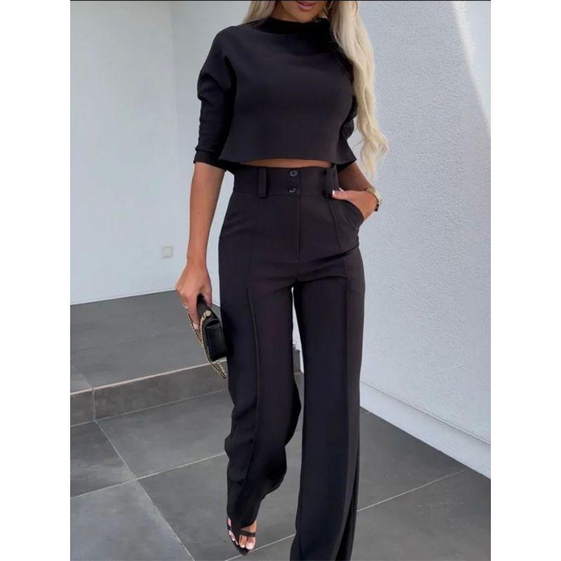 Crop Cropped Top Wide-Leg Pant Suit Crop-Top Short Top Loose Pants Two-piece Set
