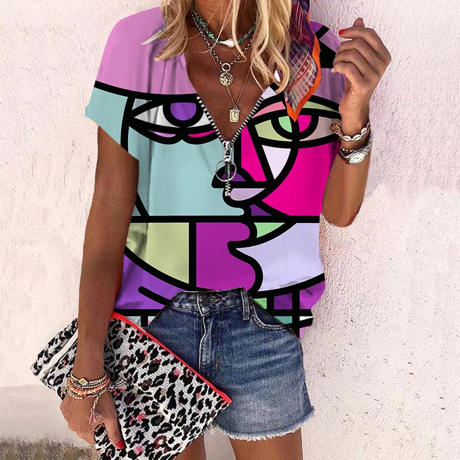 Top da donna estivo nuova moda rosa fiore geometria stampata casual cerniera scollo a V top a maniche corte