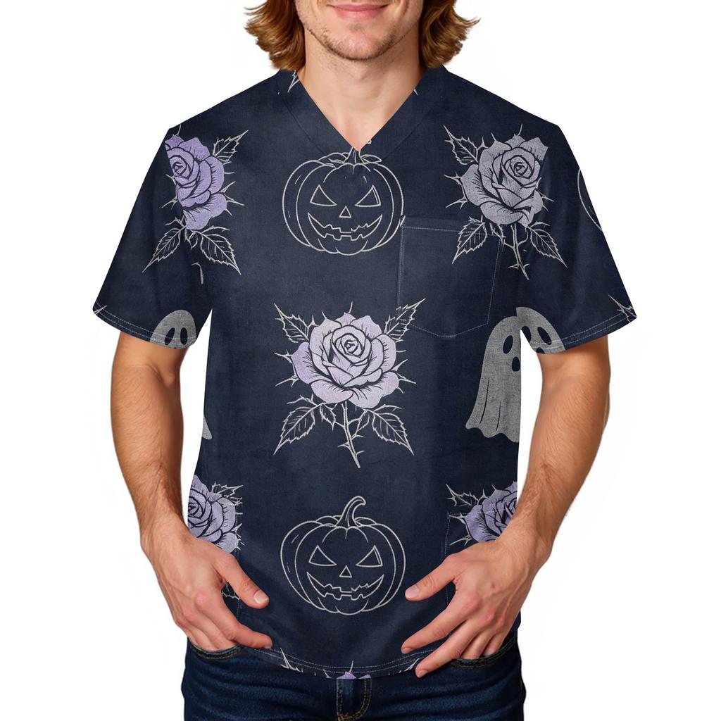 Camisa de Uniforme de Trabajo para Hombre de Manga Corta con Estampado de Halloween