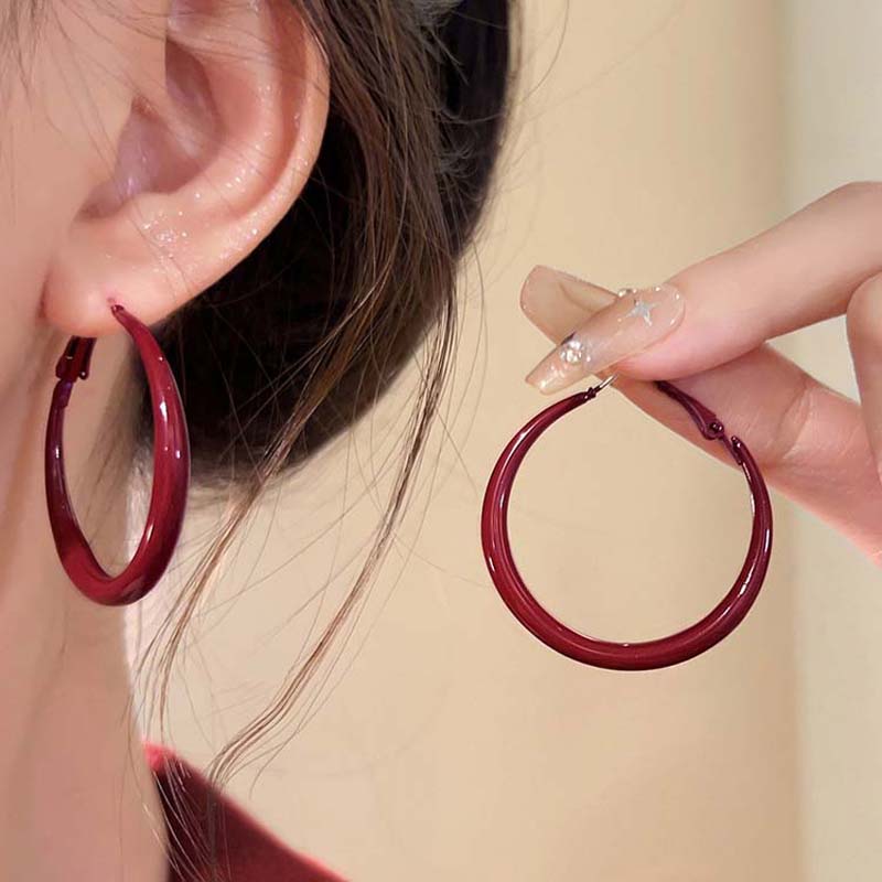 Ankela Orecchini a cerchio grandi e rotondi rossi per donna, semplici e alla moda, con cerchio geometrico iperbole, orecchini a cerchio Huggie, gioielli Brincos Bijoux, regalo