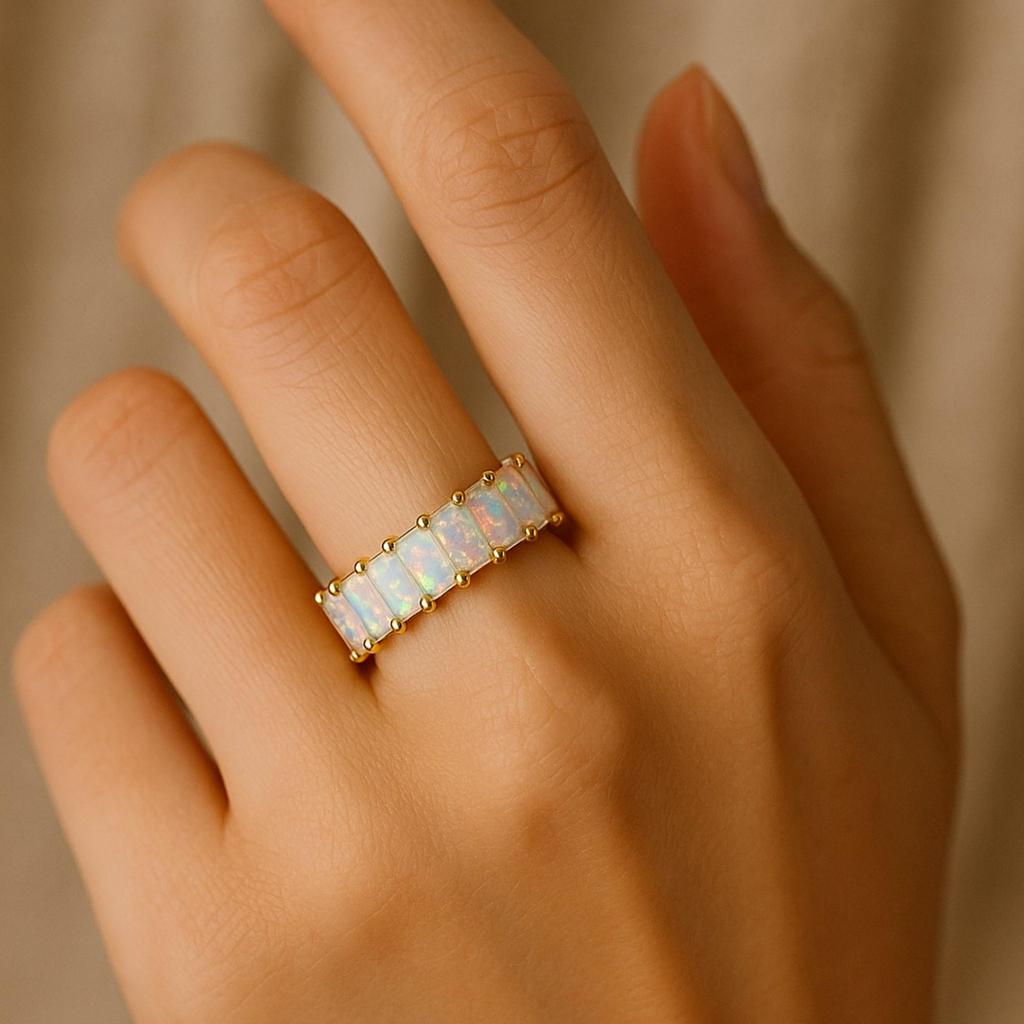 Yellow Gold Plated Opal Eternity Band – 925 Sterling Silver Full Eternity Ring – October Birthstone Bridal Wedding Jewelry Gift for Her