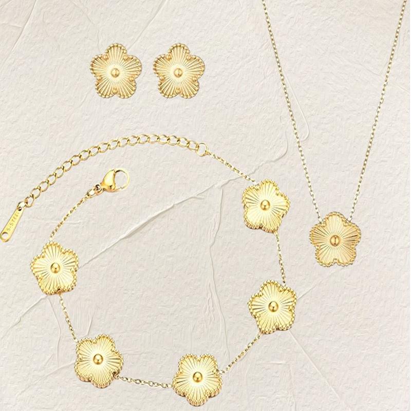 Luxury Zircon Set for Women copper Color Chain Stainless Steel Double Sided Five Leaf Flower Necklace Earrings Bracelet Clover