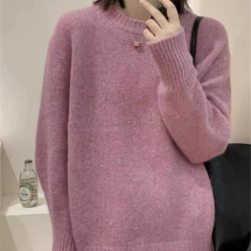 Autumn and winter high-end knitted pullover sweater women's thickened loose crew neck knitted sweater golden silk raccoon velvet