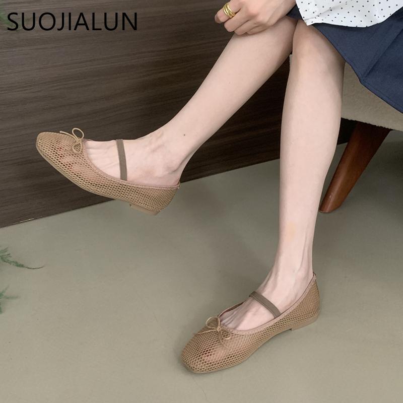 Fashion SUOJIALUN 2025 Summer New Brand Women Flat Shoes Fashion Mesh Ladies Elegant Boat Shoes Round Toe Shallow Slip On Ballerina Shoe