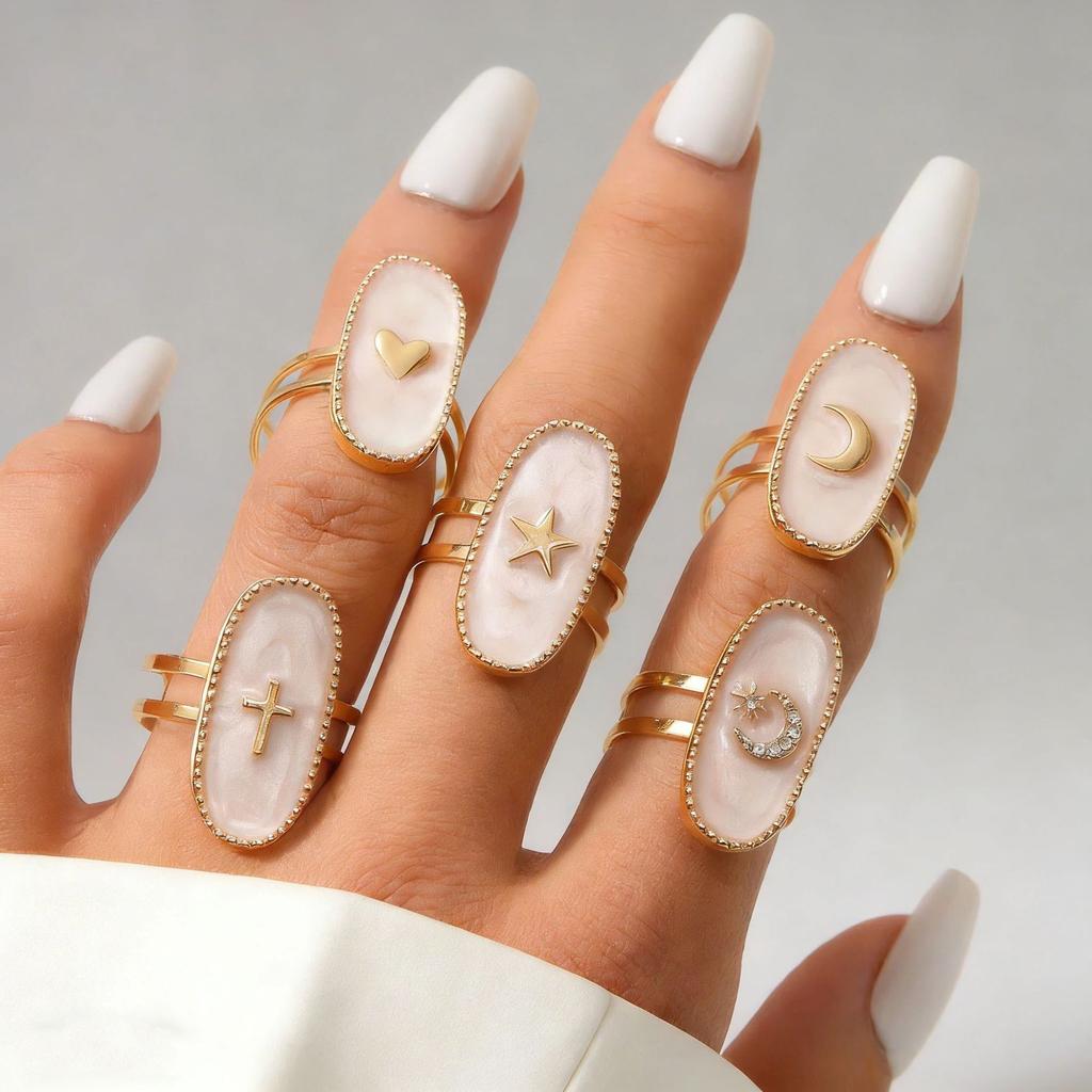 Minimalist Geometric Oval Cross Star Moon Heart Open Enamel Ring Fashion Women Finger Band