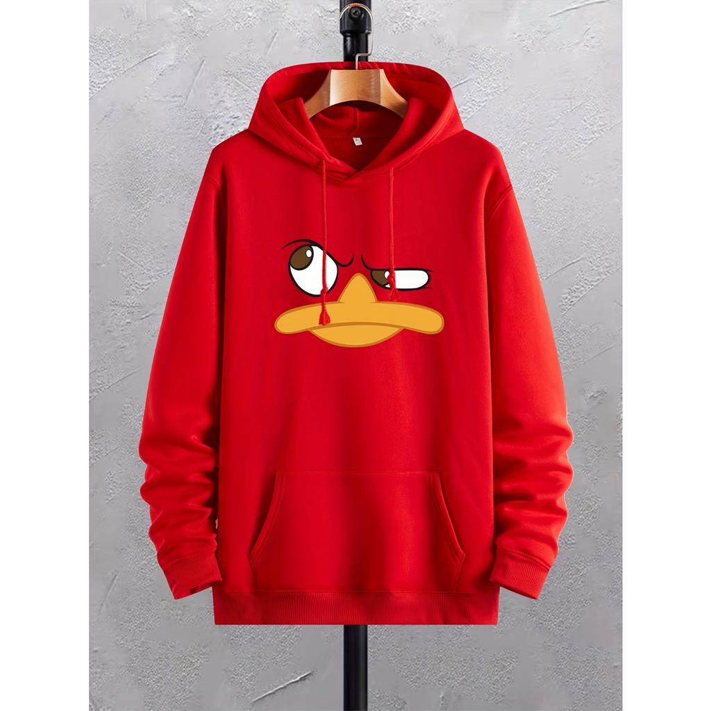 Felpe con cappuccio stampate con anatra dei cartoni animati per uomo, felpa con cappuccio grafica con tasca a marsupio, pullover con cappuccio con coulisse alla moda e comodo