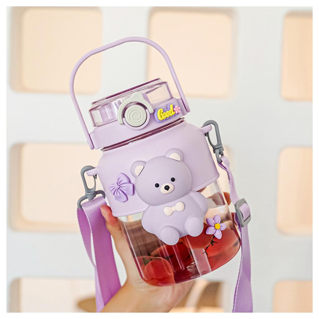 Portable Water Bottle With Bear Decor Adjustables Strap Design Sports Cup For Home Indoor Outdoor