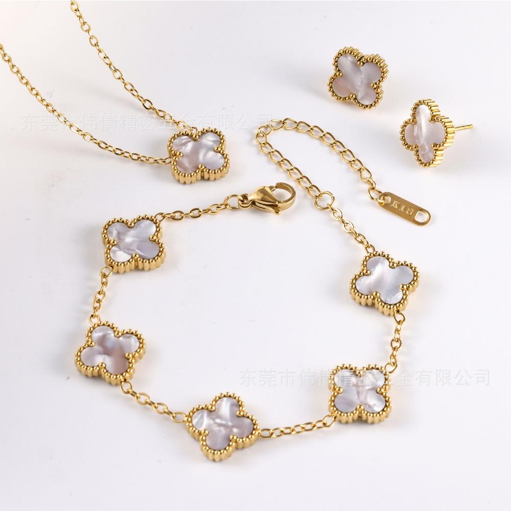 Women's and Girls' Four-leaf Clover Three-piece Set Colorfast Necklace Bracelet Earrings Jewelry